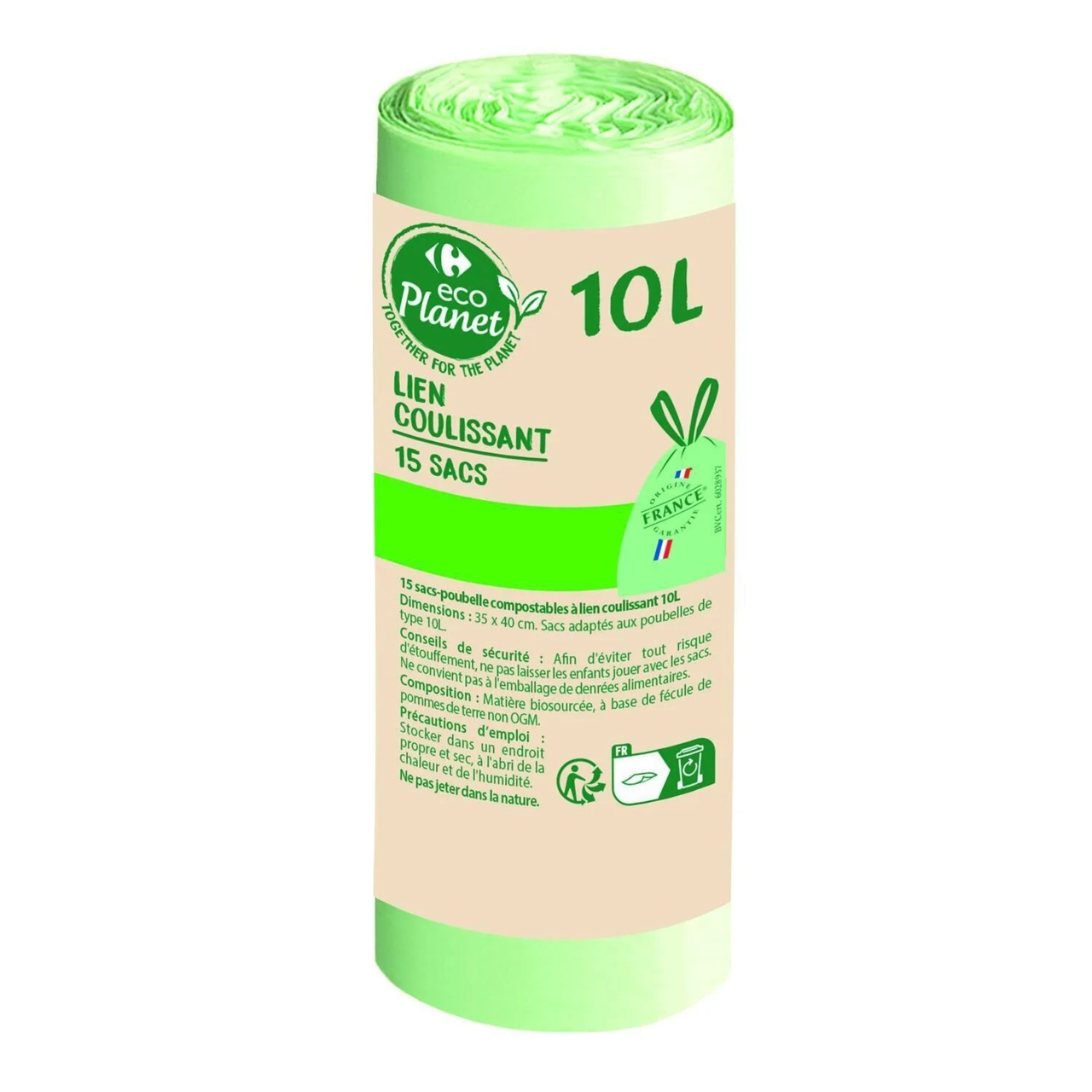 CARREFOUR ECOPLANET Sac Poubelle Compostable à Lien Coulissant